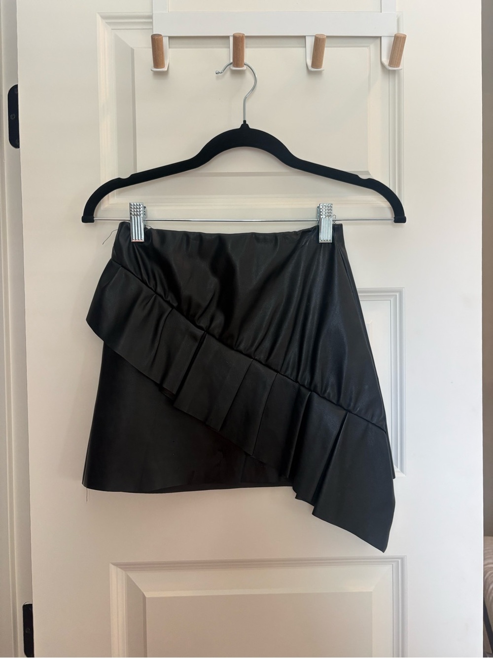 Aqua Black Asymmetric Ruffle Faux Leather Skirt